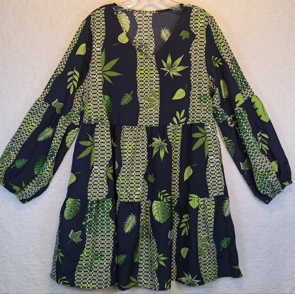 Black Long Sleeve Mini Dress (or Long Shirt) with Green Leaf Foliage